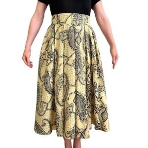 Vintage Mondi Paisley Lemon Chiffon Yellow Yoke Waist Full Midi Skirt